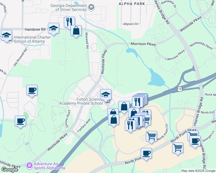 map of restaurants, bars, coffee shops, grocery stores, and more near 2281 Tenor Lane in Alpharetta