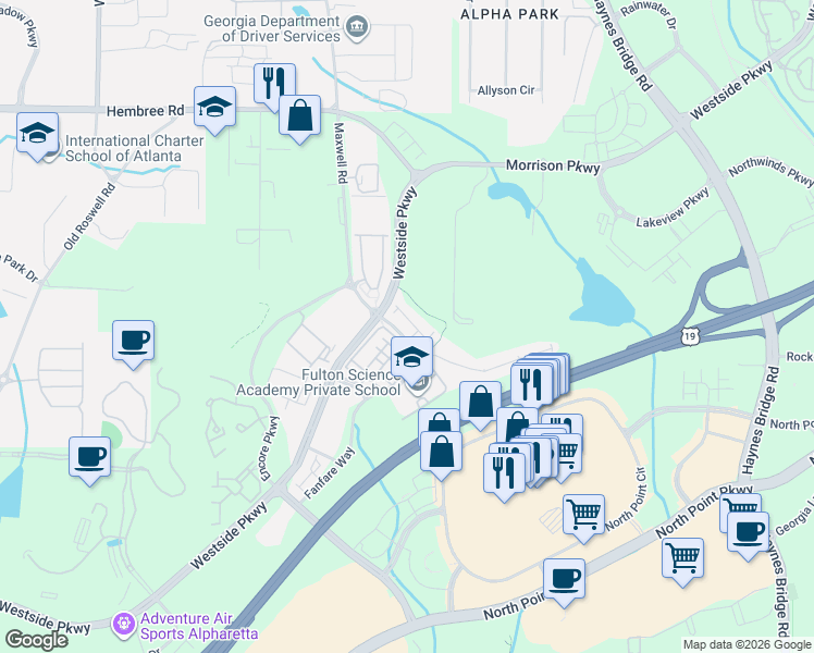 map of restaurants, bars, coffee shops, grocery stores, and more near 2281 Tenor Lane in Alpharetta