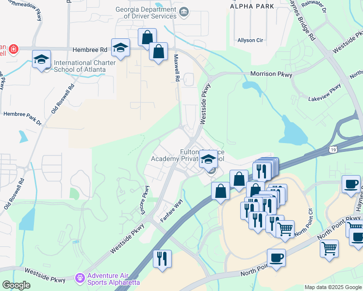 map of restaurants, bars, coffee shops, grocery stores, and more near 1965 Nocturne Drive in Alpharetta
