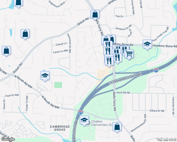 map of restaurants, bars, coffee shops, grocery stores, and more near 424 Monroe Way Northwest in Kennesaw