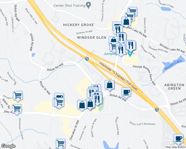 map of restaurants, bars, coffee shops, grocery stores, and more near 727 Walton Green Way Northwest in Kennesaw