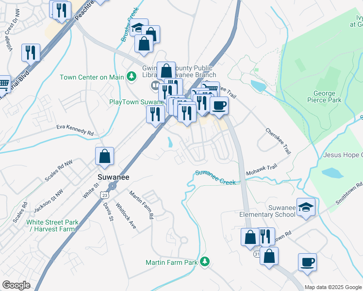 map of restaurants, bars, coffee shops, grocery stores, and more near 402 U.S. 23 in Suwanee
