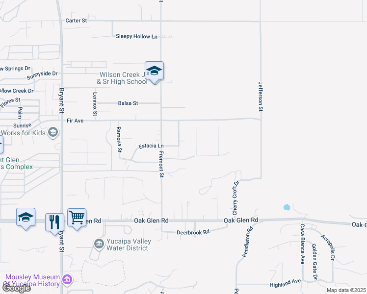 map of restaurants, bars, coffee shops, grocery stores, and more near 11009 Plum View Lane in Yucaipa