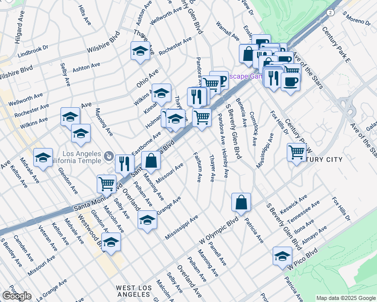 map of restaurants, bars, coffee shops, grocery stores, and more near 1827 Thayer Avenue in Los Angeles