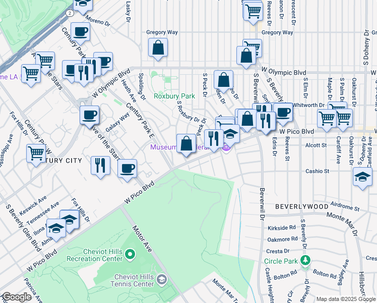 map of restaurants, bars, coffee shops, grocery stores, and more near 1264 Beverly Green Drive in Beverly Hills