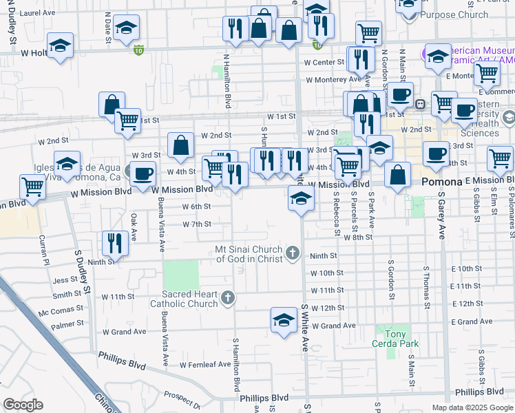 map of restaurants, bars, coffee shops, grocery stores, and more near 1020 W Mission Blvd in Pomona