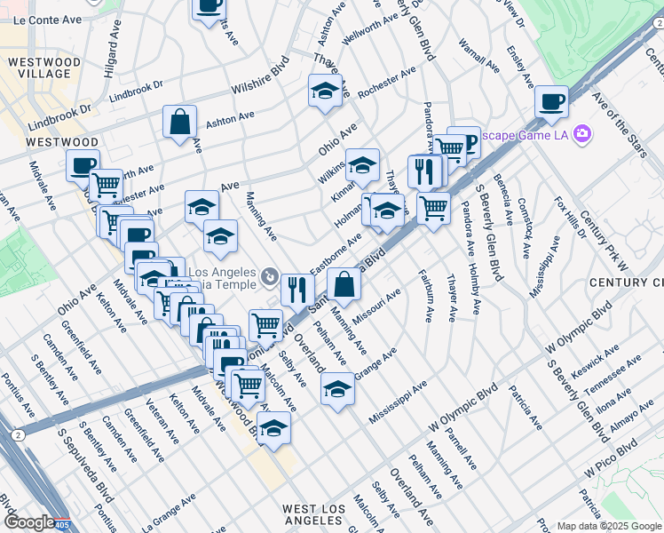 map of restaurants, bars, coffee shops, grocery stores, and more near 10630 Eastborne Avenue in Los Angeles