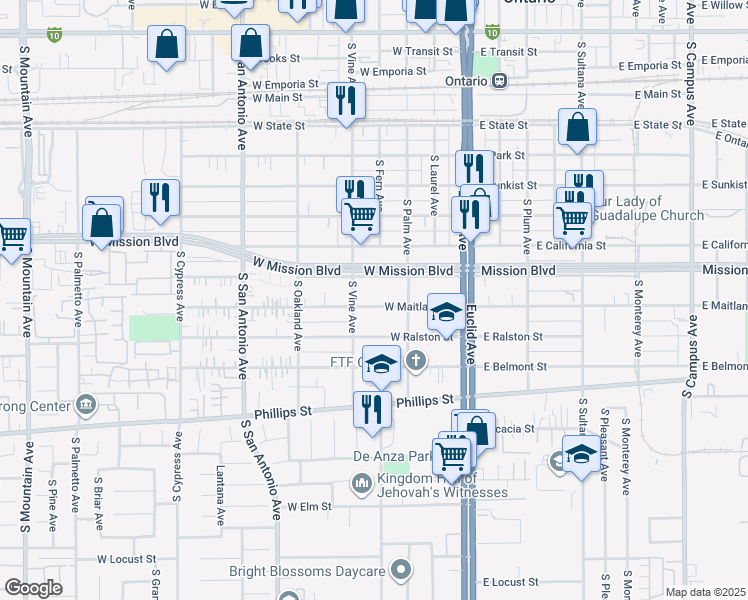 map of restaurants, bars, coffee shops, grocery stores, and more near 410 West Maitland Street in Ontario