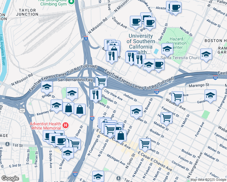 map of restaurants, bars, coffee shops, grocery stores, and more near 861 Brittania Street in Los Angeles