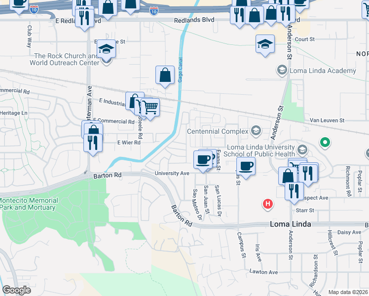 map of restaurants, bars, coffee shops, grocery stores, and more near 24414 University Avenue in Loma Linda