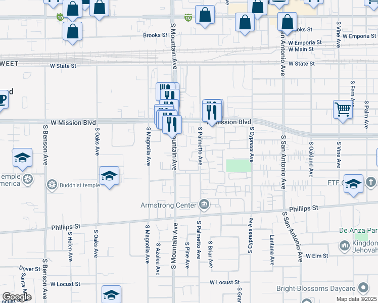 map of restaurants, bars, coffee shops, grocery stores, and more near 863 South Mountain Avenue in Ontario