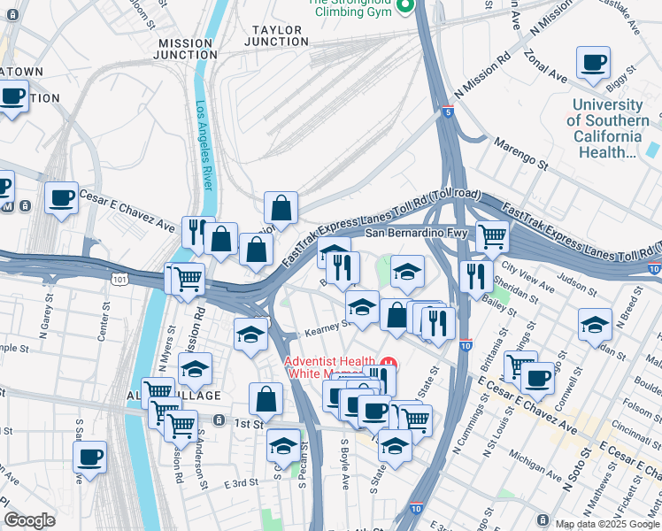 map of restaurants, bars, coffee shops, grocery stores, and more near 606 Fairview Avenue in Los Angeles