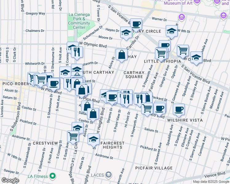 map of restaurants, bars, coffee shops, grocery stores, and more near 1217 Stearns Drive in Los Angeles