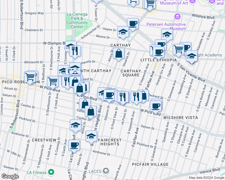 map of restaurants, bars, coffee shops, grocery stores, and more near 1217 Stearns Drive in Los Angeles