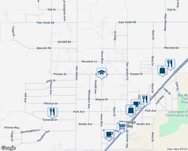 map of restaurants, bars, coffee shops, grocery stores, and more near 49437 Pioneer Drive in Morongo Valley