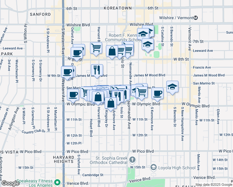 map of restaurants, bars, coffee shops, grocery stores, and more near 939 South Ardmore Avenue in Los Angeles