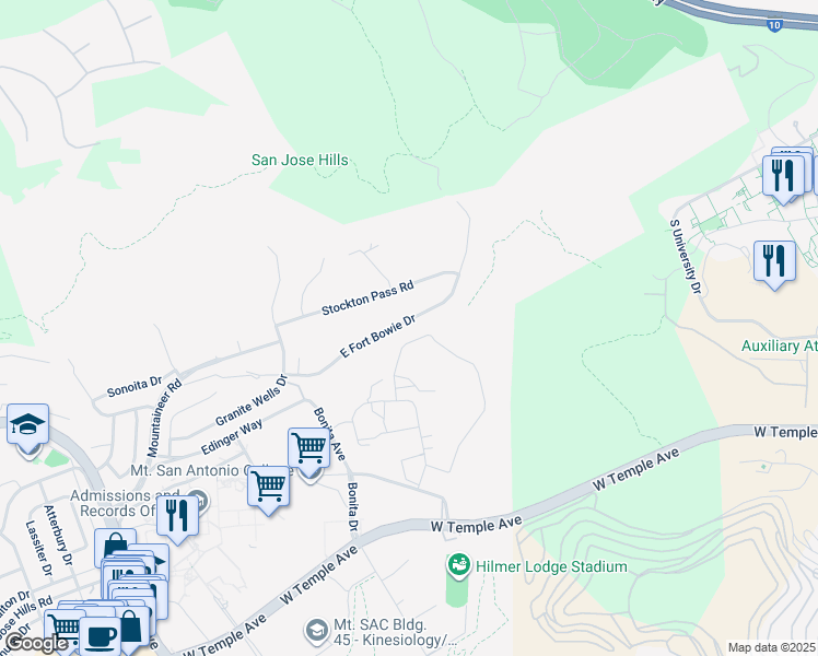 map of restaurants, bars, coffee shops, grocery stores, and more near 21304 East Fort Bowie Drive in Walnut