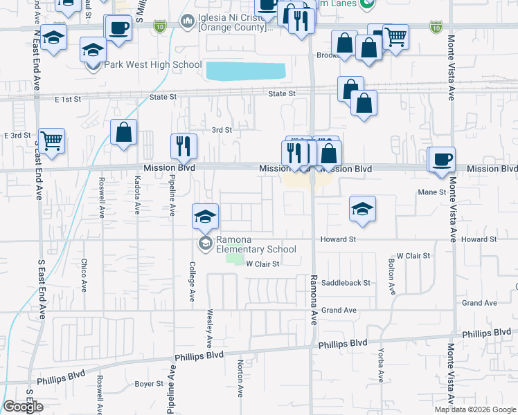 map of restaurants, bars, coffee shops, grocery stores, and more near 4361 Mission Boulevard in Montclair