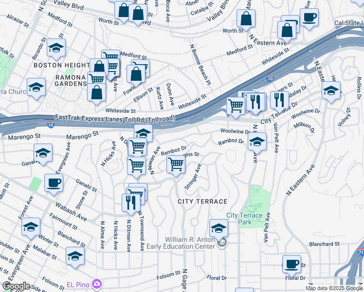 map of restaurants, bars, coffee shops, grocery stores, and more near 3719 Ramboz Drive in Los Angeles