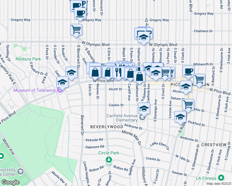 map of restaurants, bars, coffee shops, grocery stores, and more near 9315 Alcott Street in Los Angeles