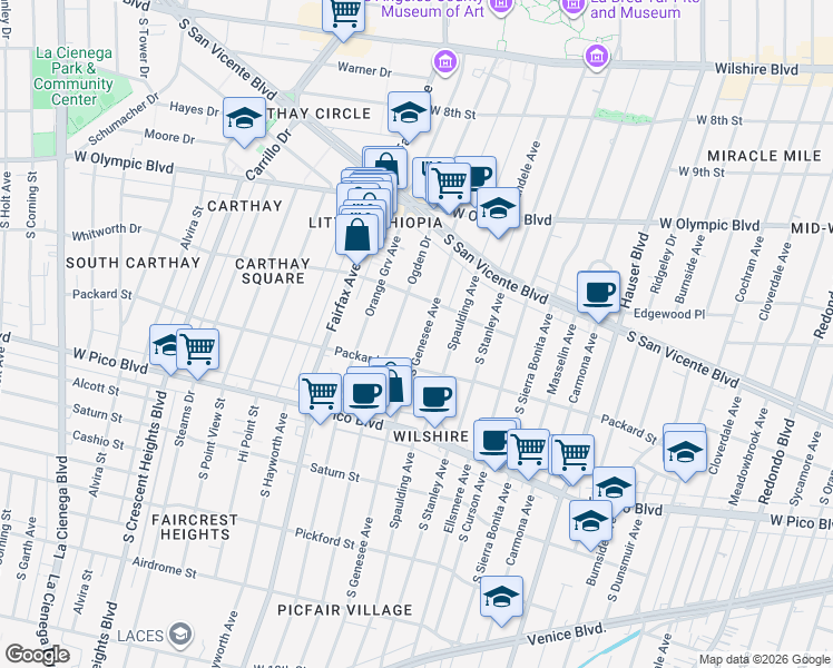 map of restaurants, bars, coffee shops, grocery stores, and more near 1111 South Genesee Avenue in Los Angeles