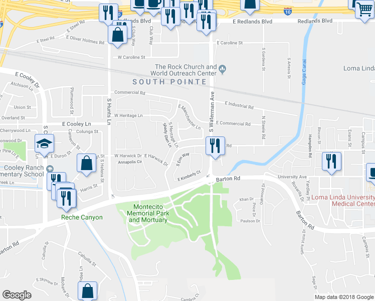 map of restaurants, bars, coffee shops, grocery stores, and more near 2648 South Erin Way in San Bernardino