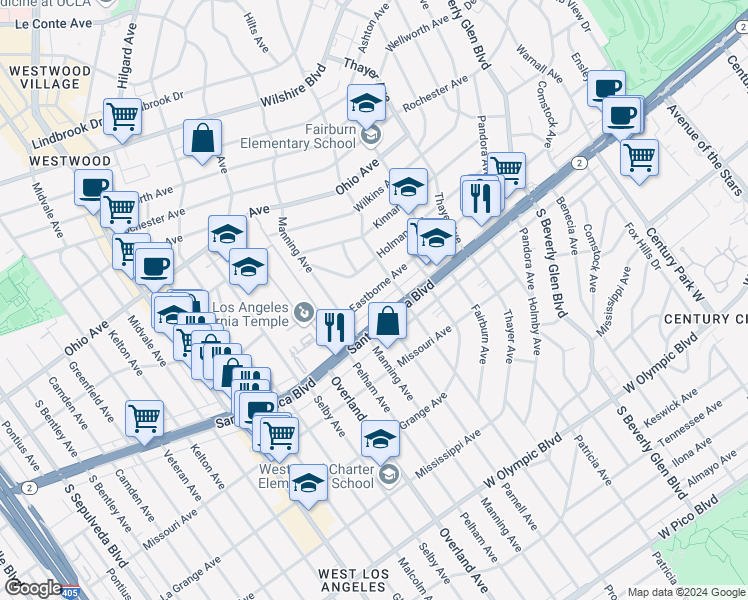 map of restaurants, bars, coffee shops, grocery stores, and more near 10630 Eastborne Avenue in Los Angeles