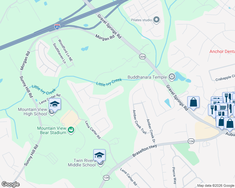 map of restaurants, bars, coffee shops, grocery stores, and more near 2513 Bancroft Way in Buford
