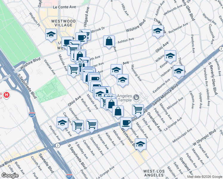 map of restaurants, bars, coffee shops, grocery stores, and more near 10800 Holman Avenue in Los Angeles