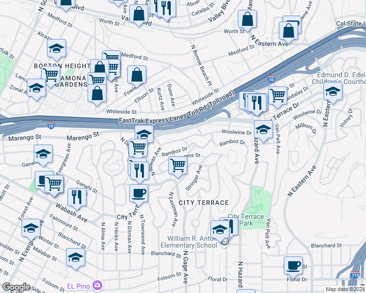 map of restaurants, bars, coffee shops, grocery stores, and more near 3719 Ramboz Drive in Los Angeles