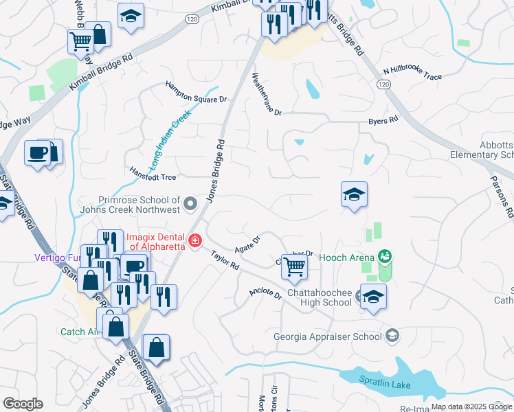 map of restaurants, bars, coffee shops, grocery stores, and more near 4965 North Bridges Drive in Alpharetta