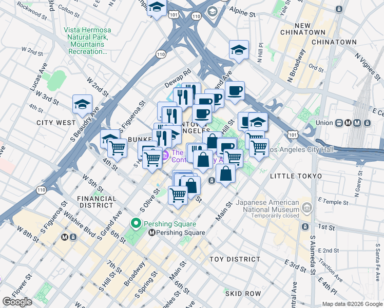 map of restaurants, bars, coffee shops, grocery stores, and more near 151 South Olive Street in Los Angeles