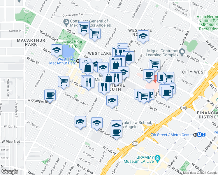 map of restaurants, bars, coffee shops, grocery stores, and more near 1610 West 7th Street in Los Angeles