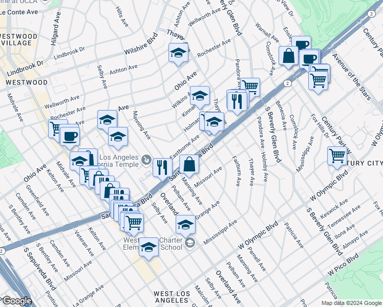 map of restaurants, bars, coffee shops, grocery stores, and more near 10635 Santa Monica Boulevard in Los Angeles