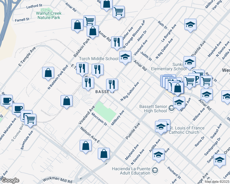 map of restaurants, bars, coffee shops, grocery stores, and more near 638 Vineland Avenue in La Puente