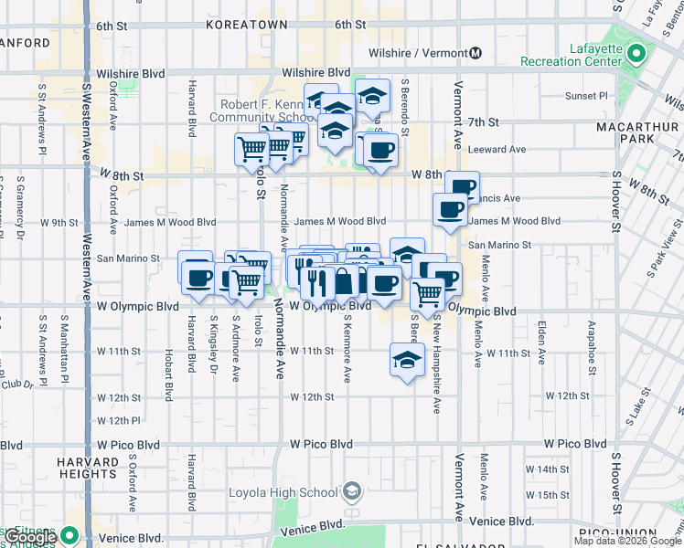 map of restaurants, bars, coffee shops, grocery stores, and more near 961 South Kenmore Avenue in Los Angeles