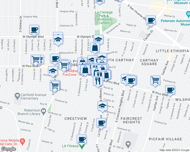 map of restaurants, bars, coffee shops, grocery stores, and more near 1240 South Corning Street in Los Angeles