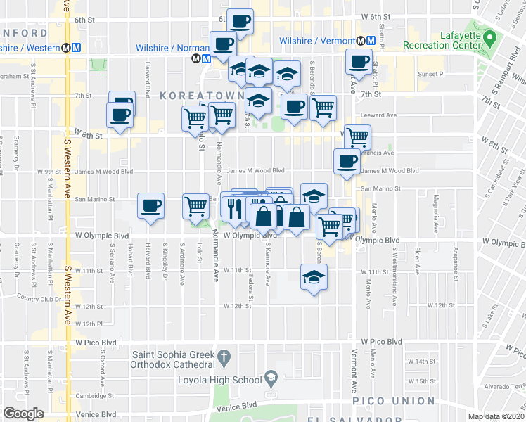 map of restaurants, bars, coffee shops, grocery stores, and more near 961 South Kenmore Avenue in Los Angeles