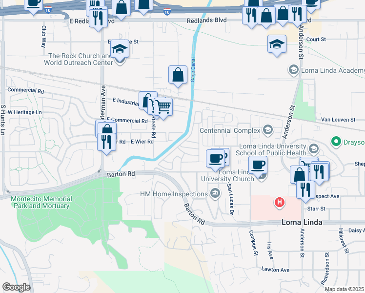 map of restaurants, bars, coffee shops, grocery stores, and more near 24414 University Avenue in Loma Linda