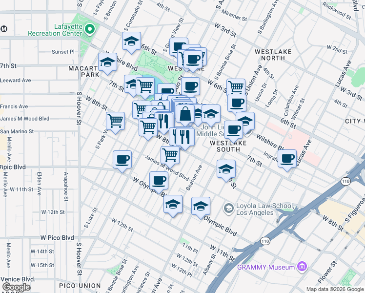 map of restaurants, bars, coffee shops, grocery stores, and more near 1833 West 8th Street in Los Angeles