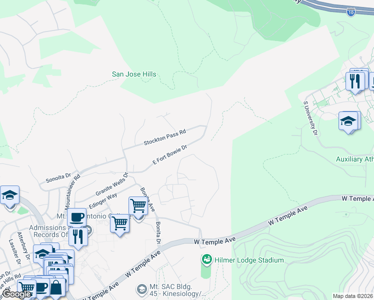map of restaurants, bars, coffee shops, grocery stores, and more near 21308 East Fort Bowie Drive in Walnut