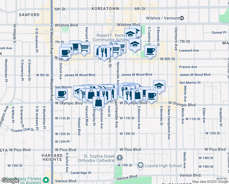 map of restaurants, bars, coffee shops, grocery stores, and more near 955 Normandie Avenue in Los Angeles
