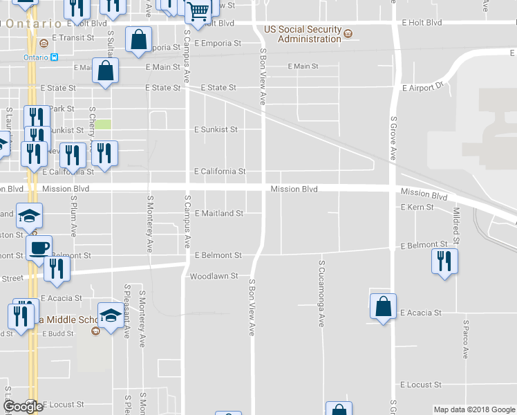 map of restaurants, bars, coffee shops, grocery stores, and more near 928 South Bon View Avenue in Ontario