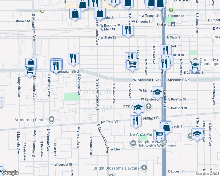 map of restaurants, bars, coffee shops, grocery stores, and more near 908 South Oakland Avenue in Ontario