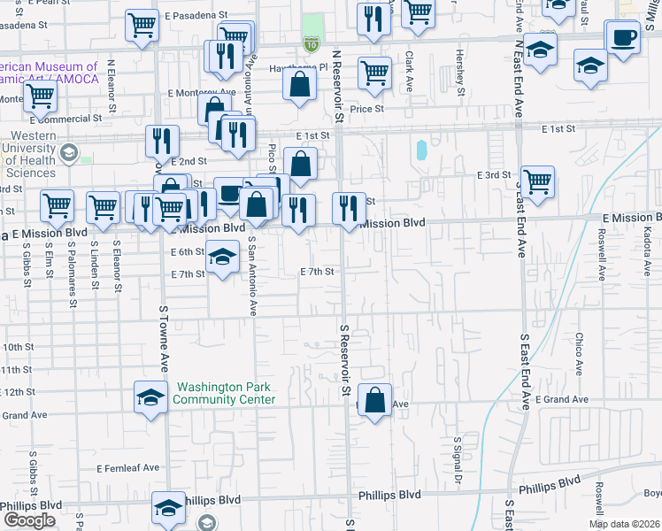 map of restaurants, bars, coffee shops, grocery stores, and more near 611 South Reservoir Street in Pomona