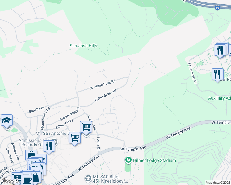 map of restaurants, bars, coffee shops, grocery stores, and more near 21308 Stockton Pass Road in Walnut