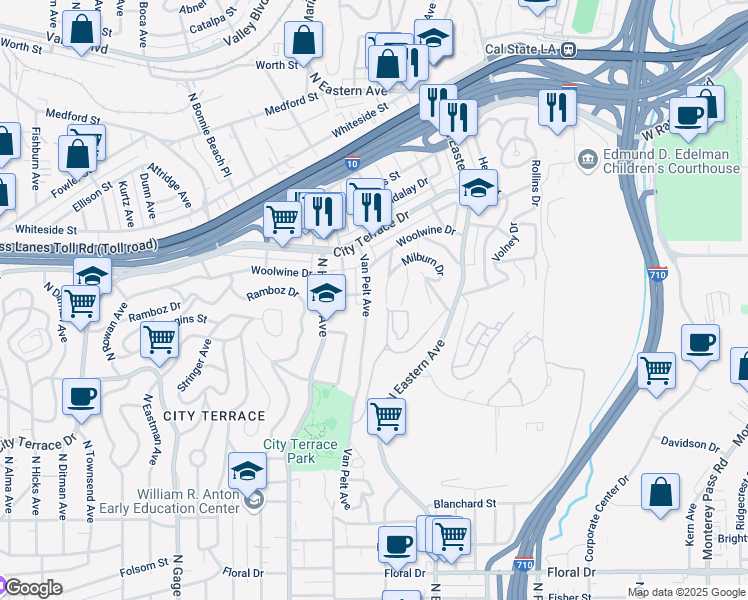 map of restaurants, bars, coffee shops, grocery stores, and more near 1317 Luella Drive in Los Angeles
