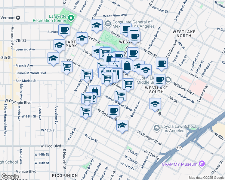 map of restaurants, bars, coffee shops, grocery stores, and more near 806 1/2 South Alvarado Street in Los Angeles