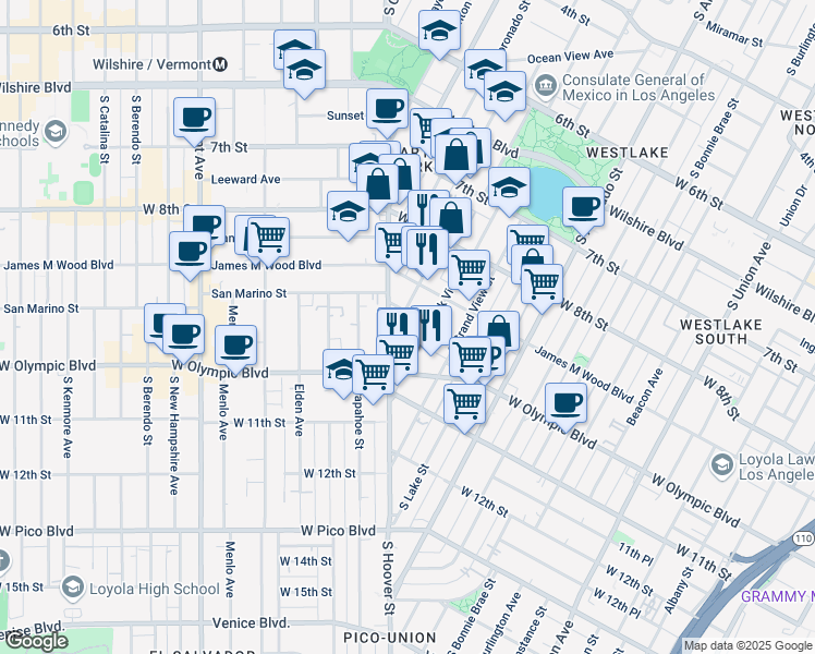 map of restaurants, bars, coffee shops, grocery stores, and more near 930 South Hoover Street in Los Angeles