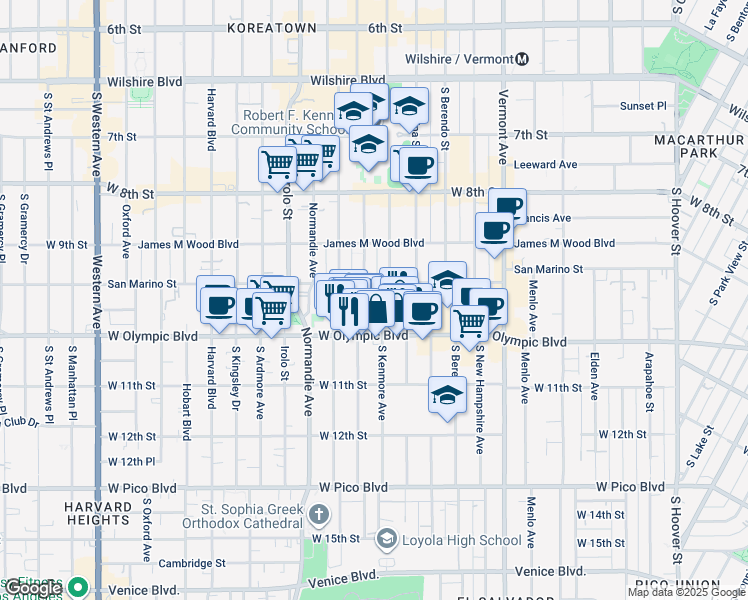 map of restaurants, bars, coffee shops, grocery stores, and more near 3096 San Marino Street in Los Angeles